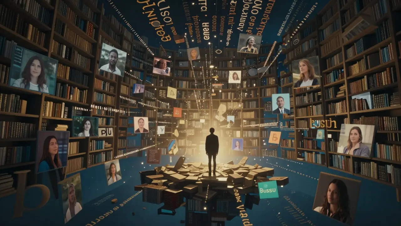 Person surrounded by floating language fragments and native speaker clips.