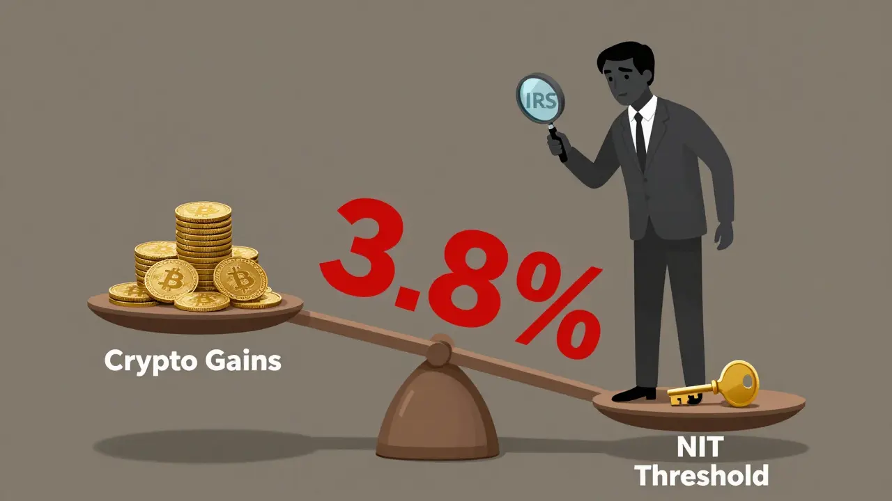 Scale balancing crypto gains against NIIT threshold, with IRS figure watching overhead.
