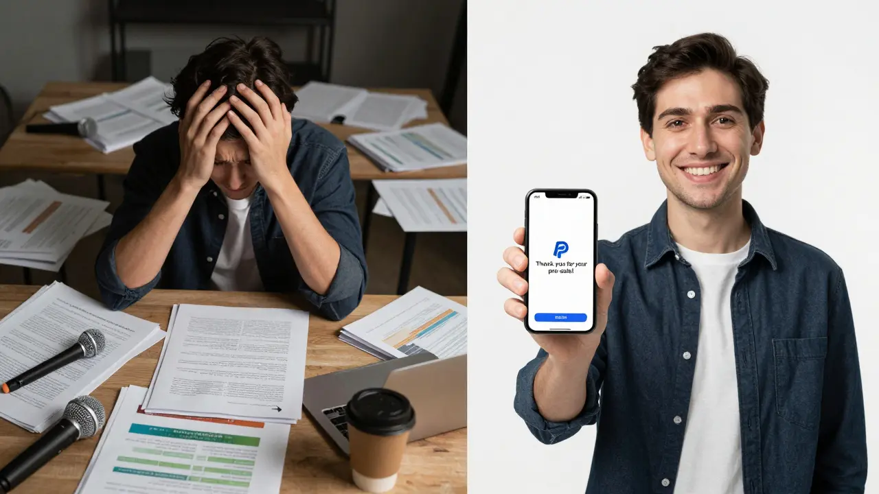 Split image: frustrated course creator vs. same person celebrating pre-sale sales on phone.