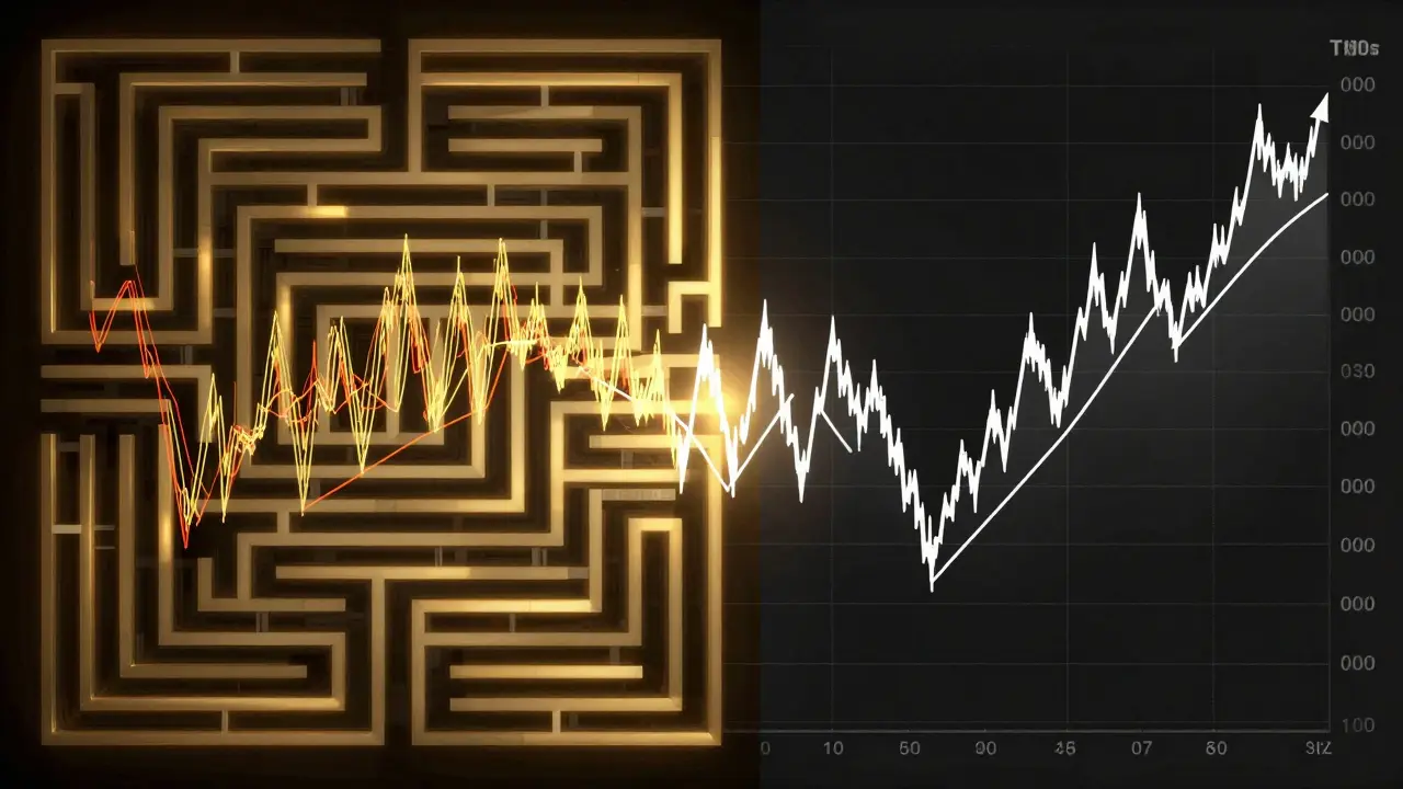 Split-screen: chaotic overfitting maze vs. clean walk-forward analysis path
