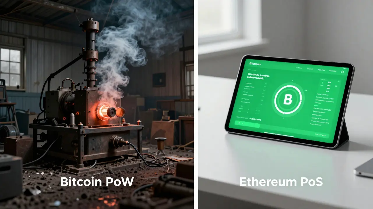 Split-screen comparison: energy-intensive Bitcoin mining vs. efficient green blockchain carbon tracking.