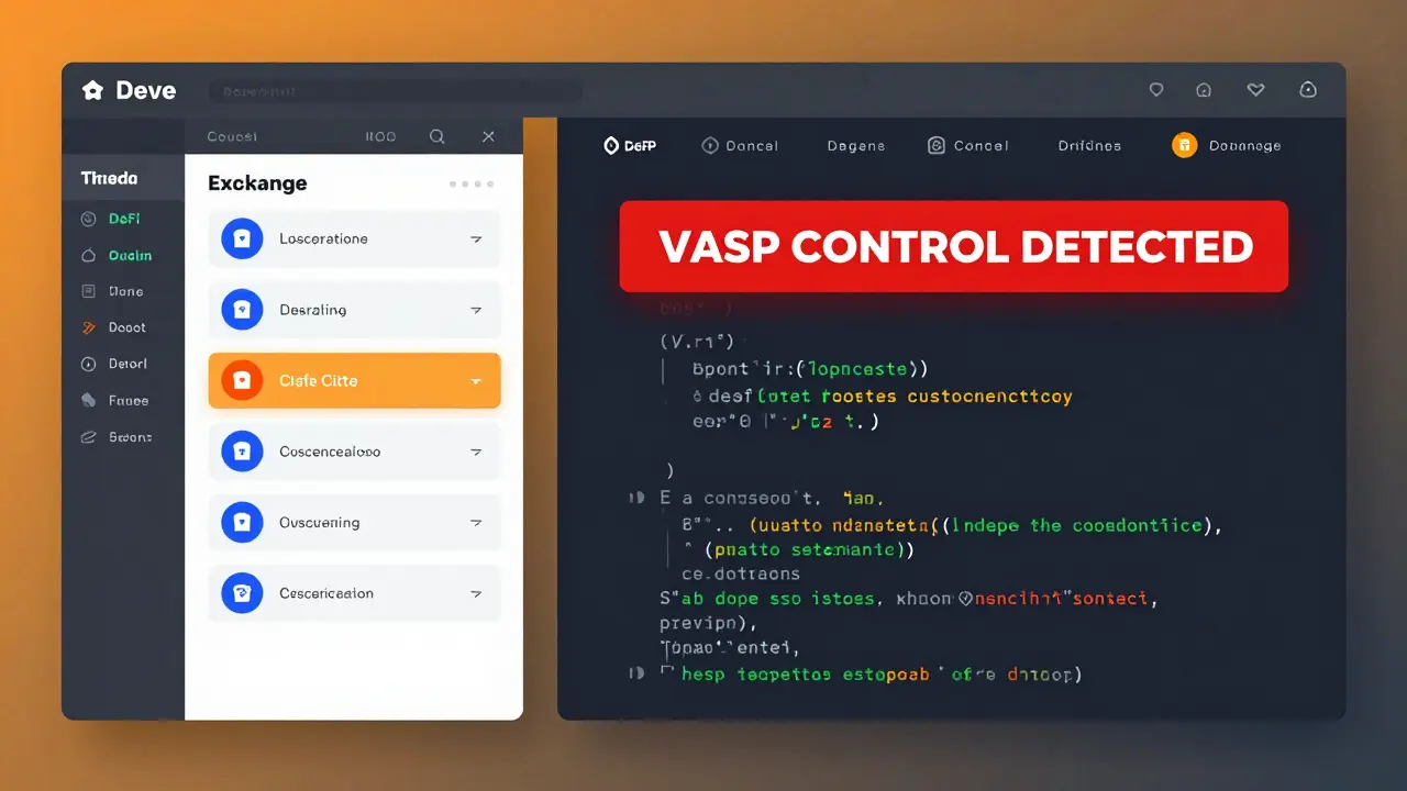 Split-screen of crypto exchange compliance alerts and DeFi contract with warning banner.
