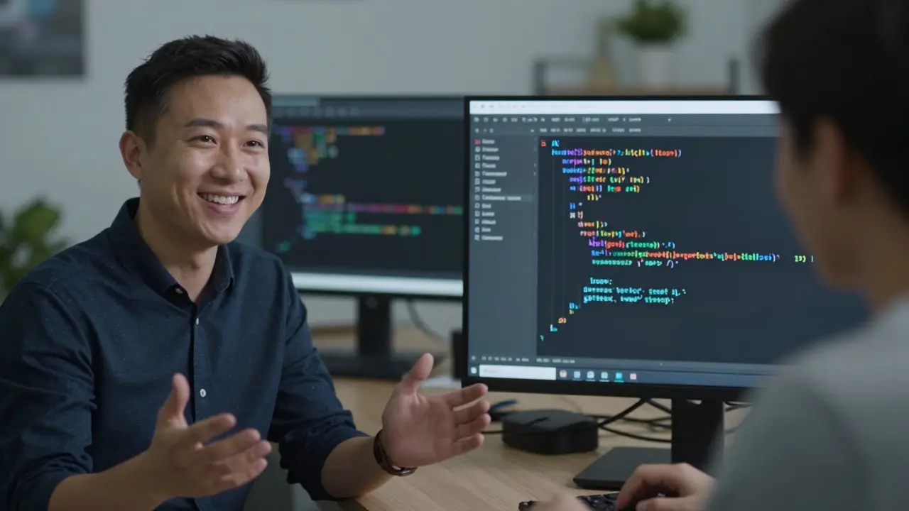 Split-screen view of a teacher on camera and live code being typed on a shared screen, with a secondary monitor visible.