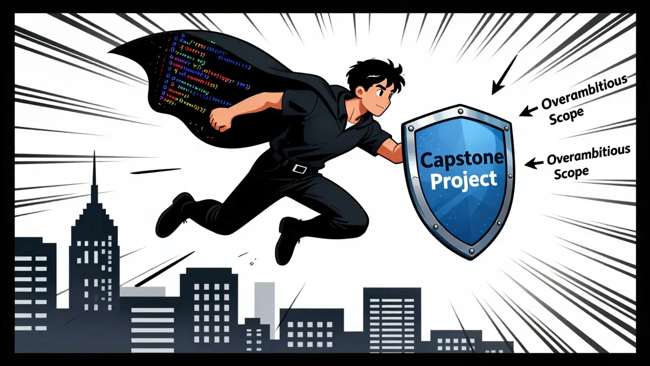 Student superhero in code cape deflecting project mistakes with capstone shield.