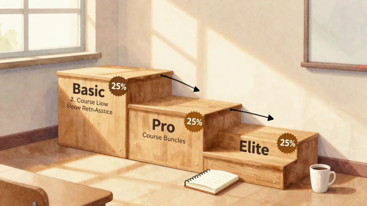 Three course bundles arranged as steps on a wooden staircase, symbolizing a guided learning journey.