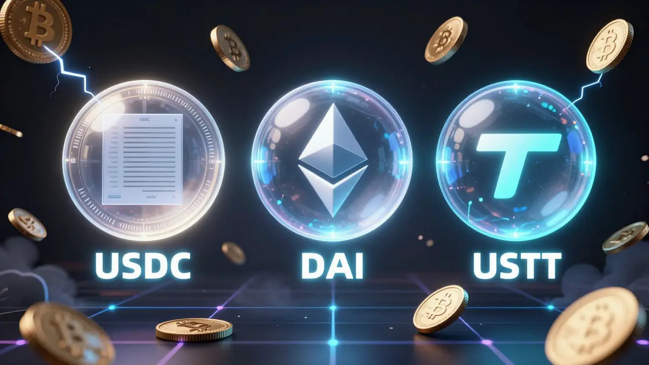 Three stablecoin tokens floating above a storm of falling cryptocurrencies, USDC glowing brightly.