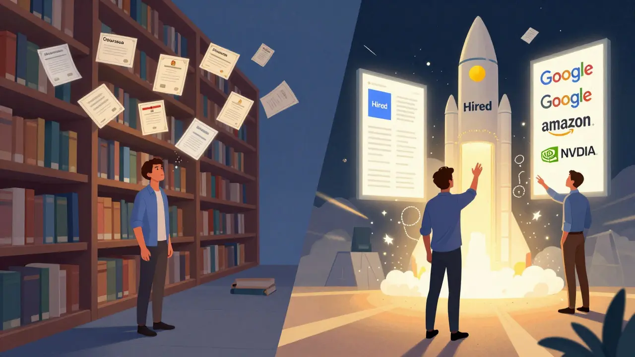 Two contrasting paths: academic bookshelf versus launchpad to tech job with mentor.