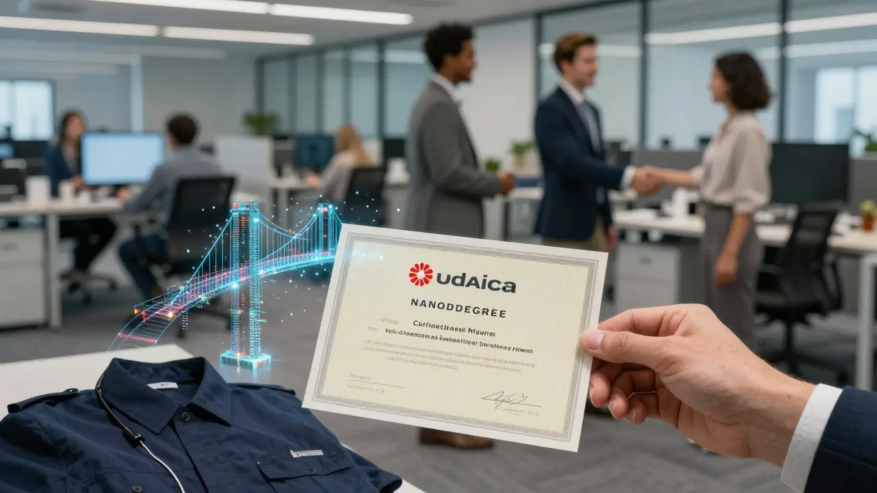 Udacity certificate transforming into a bridge from old job to new tech career.