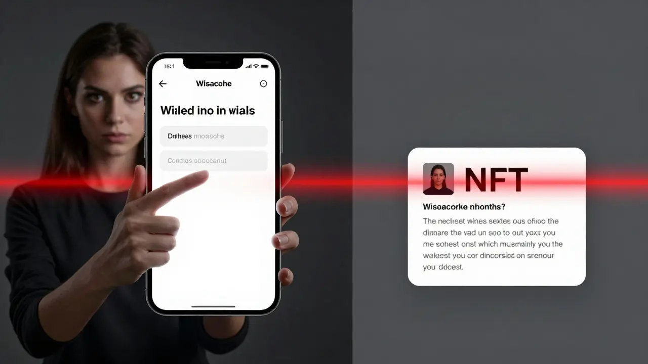 A buyer falling for a phishing scam, contrasted with their compromised NFT displaying a malicious link.