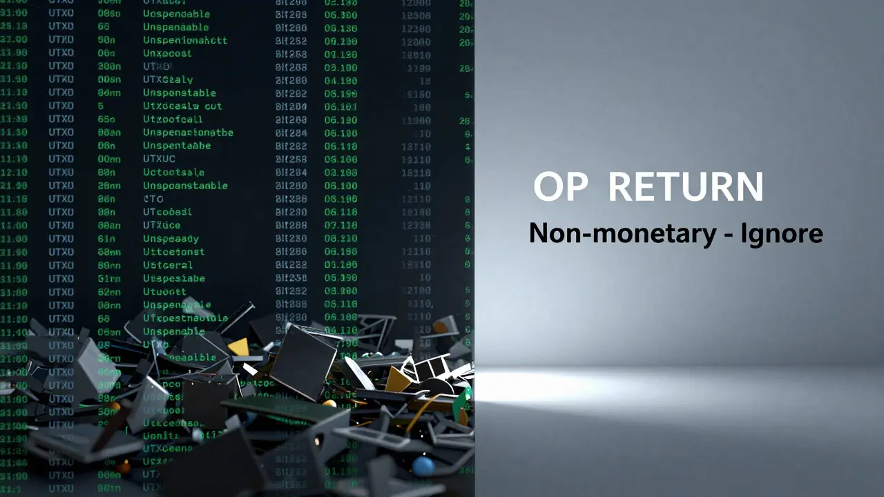 A clean blockchain compared to a cluttered UTXO set, showing how OP_RETURN improves network efficiency.