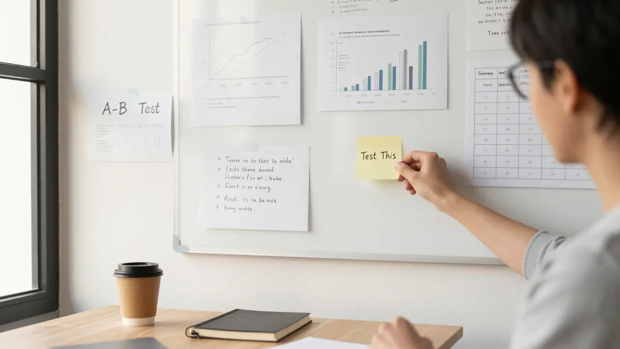 A course creator placing a test note on a whiteboard covered in data and student insights during a workshop.