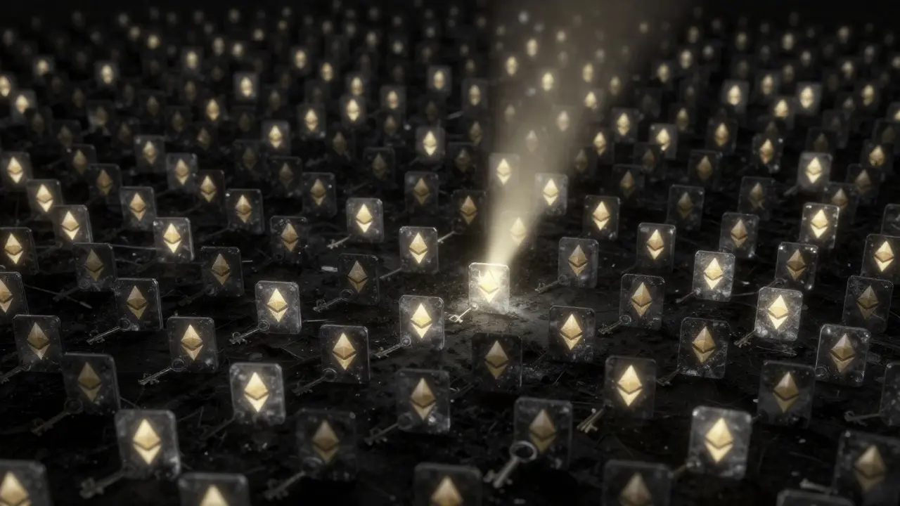 A dark void of lost Ethereum wallets, with one active wallet glowing as rewards flow, symbolizing hidden scarcity.