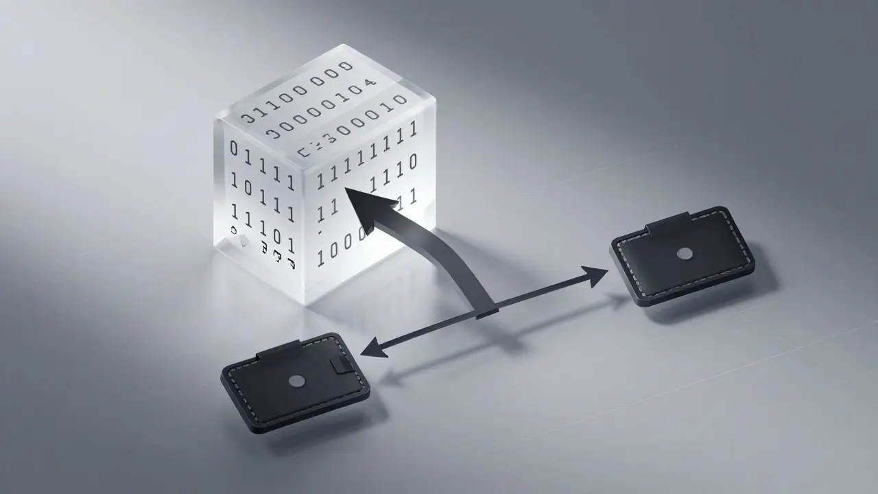 A frozen smart contract crystal triggering balance shifts between digital wallets through logic gates.
