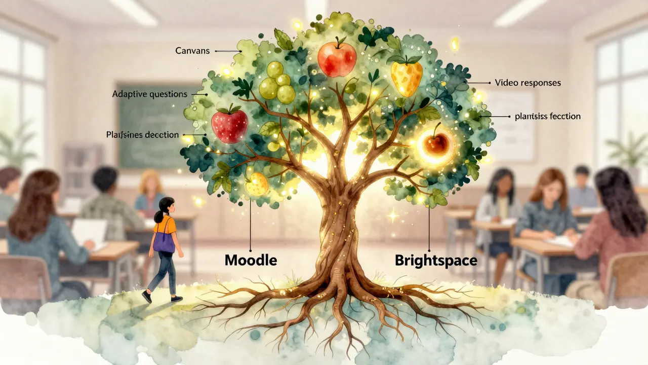 A glowing tree with branches representing LMS platforms, each bearing quiz feature fruits under soft light.