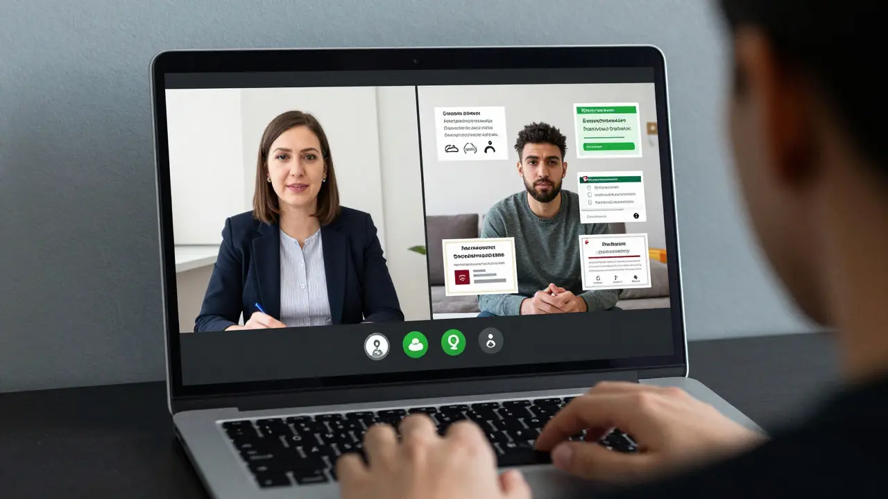 A Jobcentre advisor video-calling a participant, with digital credentials and support icons visible on screen.