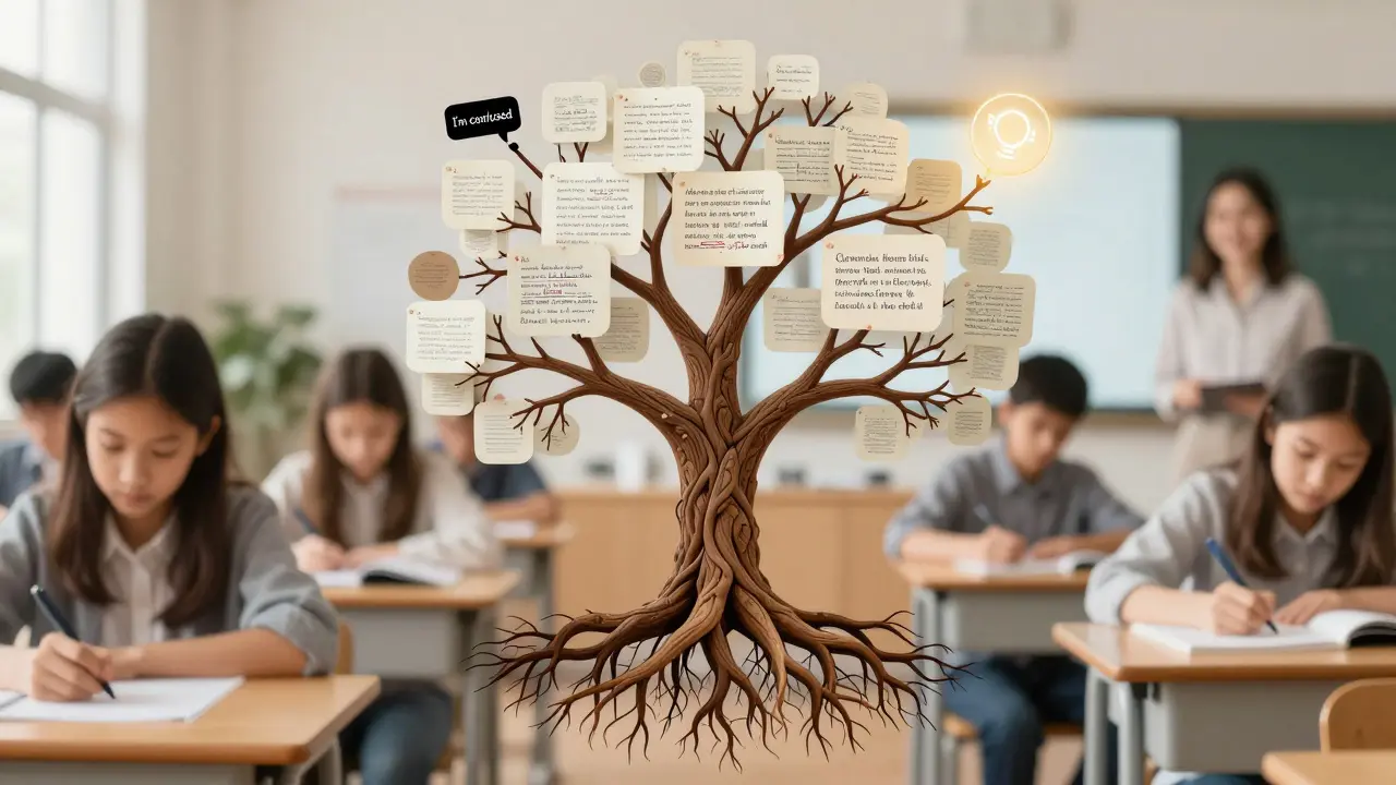A neural network tree grows from student writing, blooming into targeted learning insights.