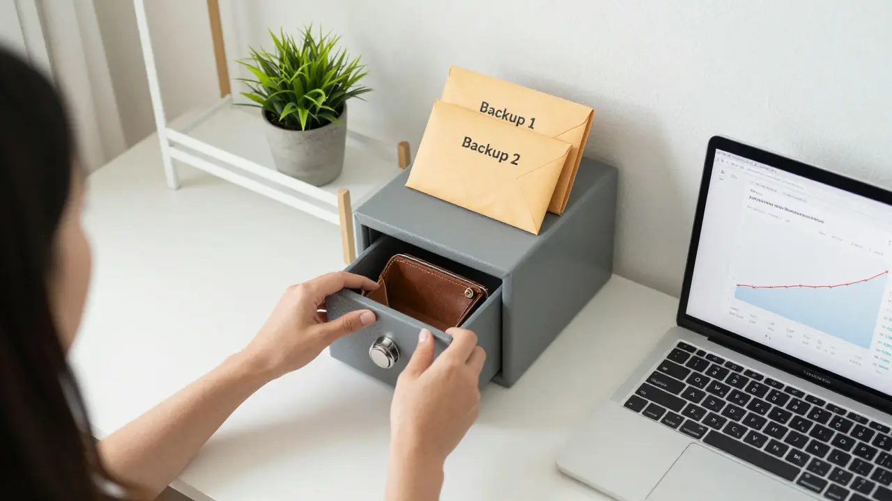 A person placing a hardware wallet into a bank safety deposit box, with backup envelopes and a blockchain display.