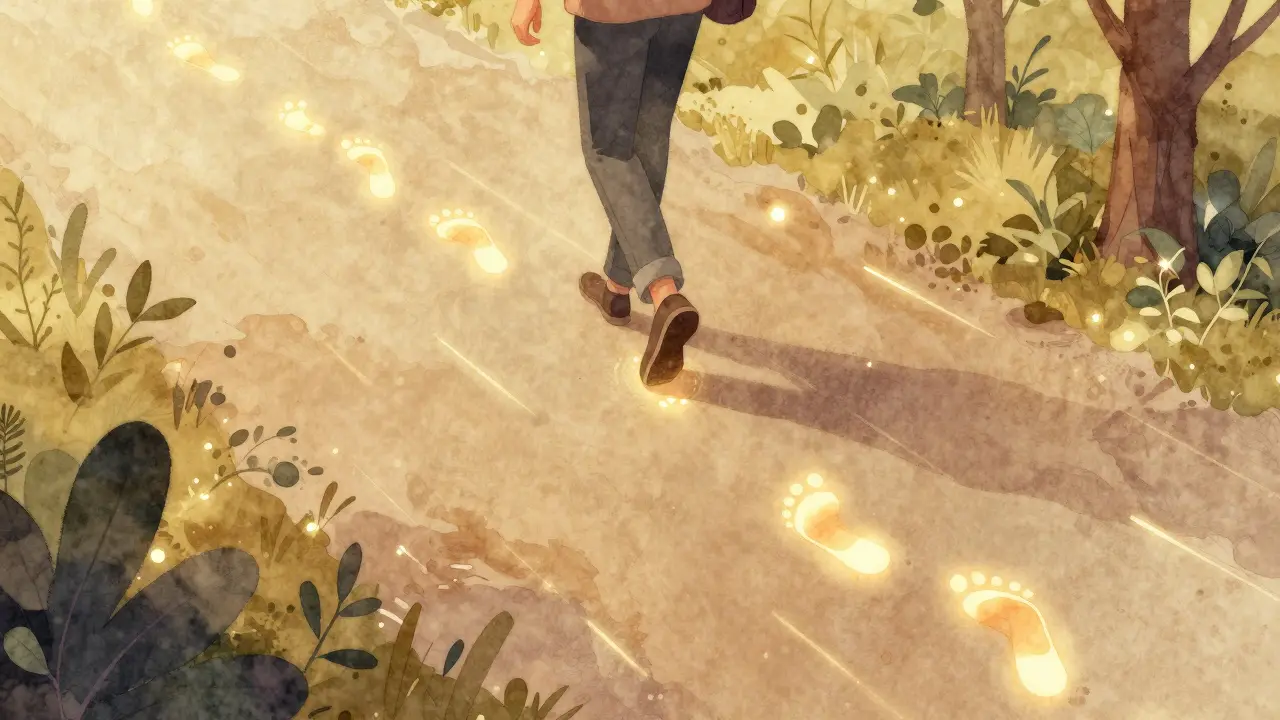 A person walking along a path of glowing footprints that turn into natural elements over time.