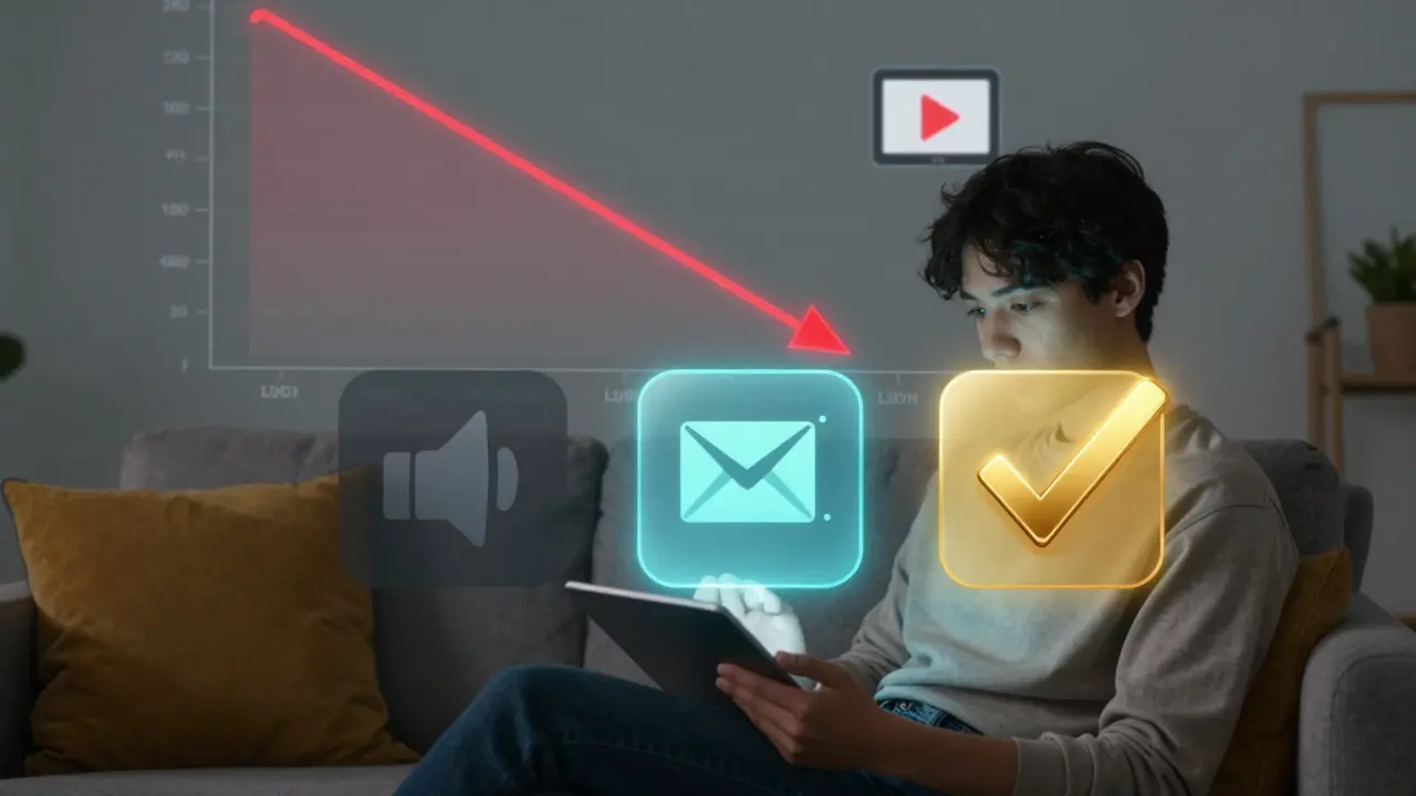 A person with floating digital icons representing engagement metrics, one glowing brightly as completion.