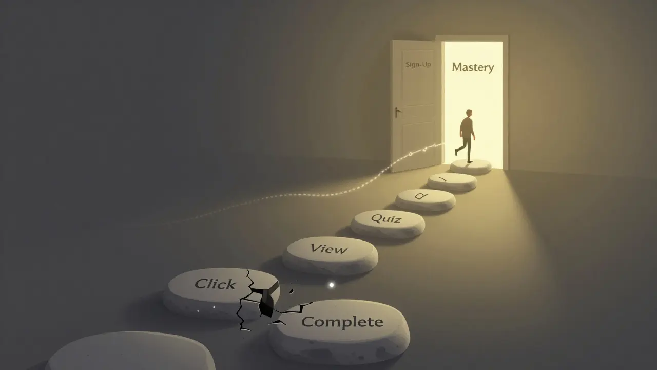 A symbolic path of steps from sign-up to mastery, with some broken stones showing learner drop-off.
