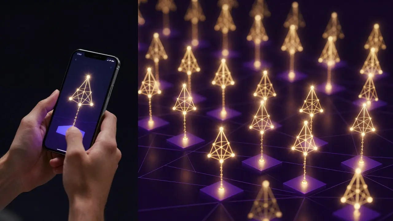 A user sending ETH on a phone while thousands of network nodes execute the same transaction in perfect sync.