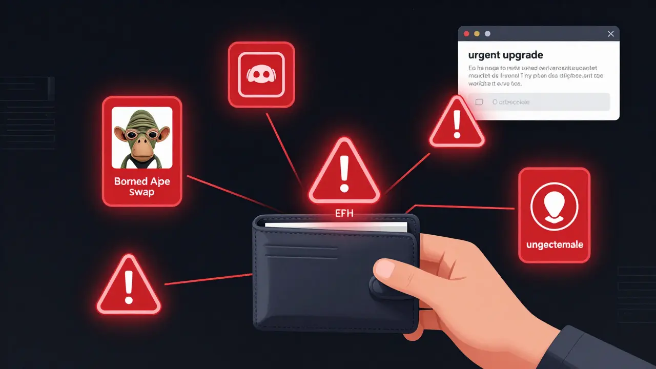A wallet connected to dangerous smart contracts, with one swapping NFT imagery and another draining funds.