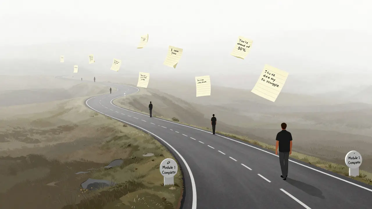 A winding path through misty landscape with floating handwritten notes guiding learners at milestones like 'Module 1 Complete'.