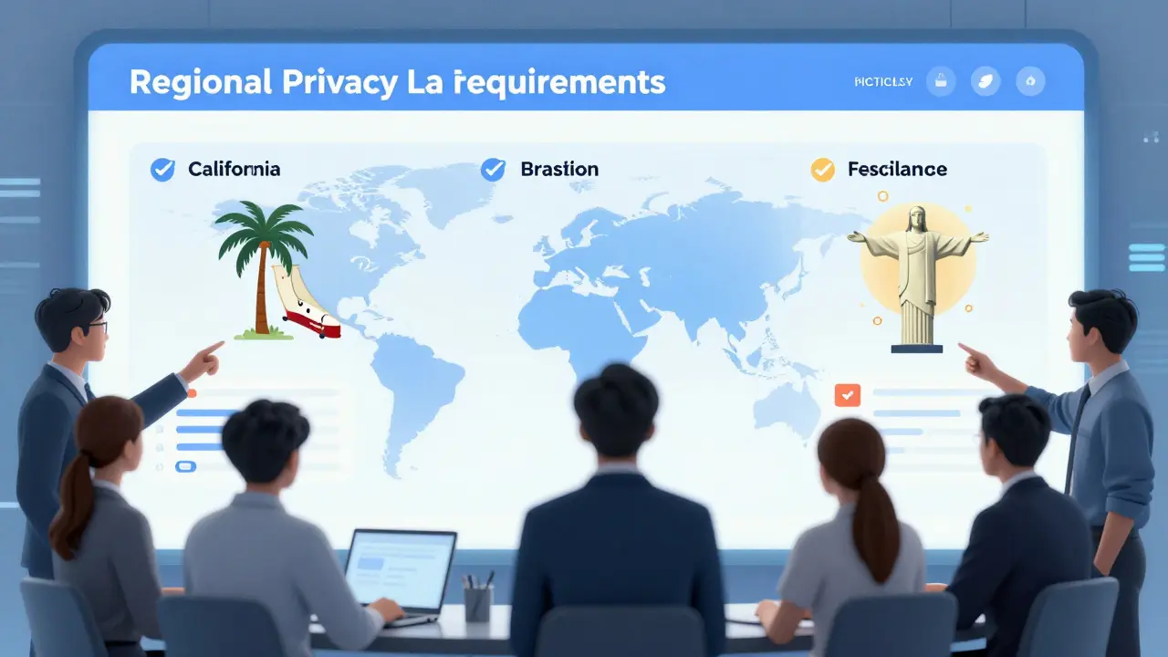 Business team collaborating on dashboard showing regional privacy law compliance icons