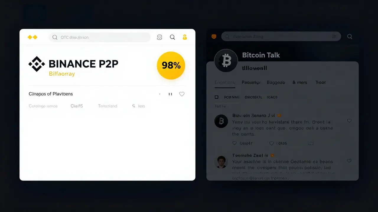 Contrast between a trusted Binance P2P trader profile and an anonymous forum user with no history.