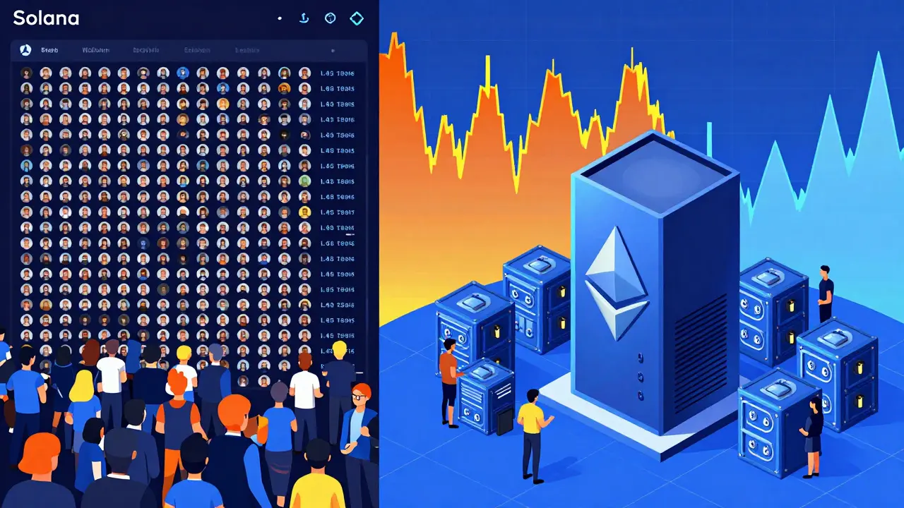 Contrasting scenes of Solana's mass staking and Ethereum's institutional staking, showing different approaches to blockchain security.