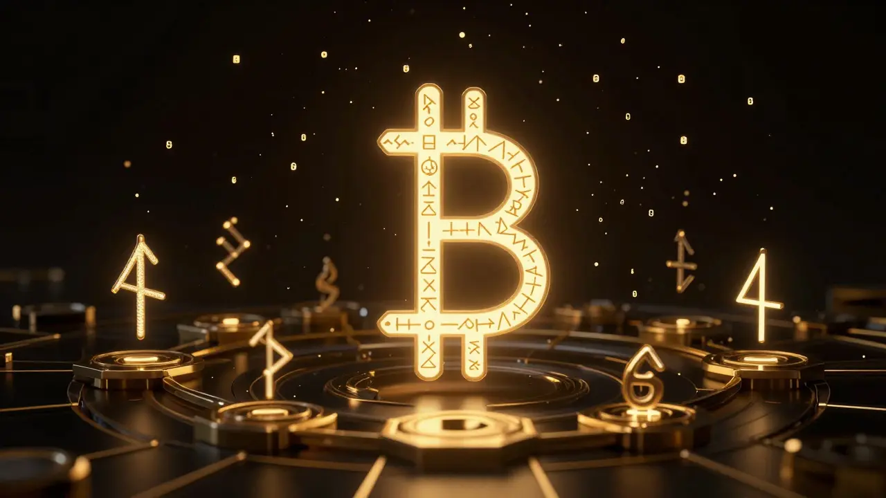 Glowing rune symbols emerging from 80-byte data streams on the Bitcoin blockchain, representing the Runes protocol.