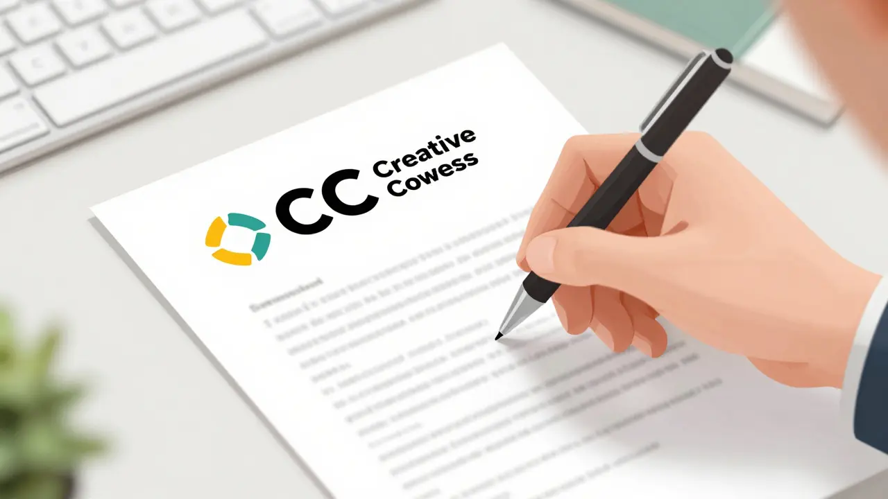 Hand signing Creative Commons license document for education.