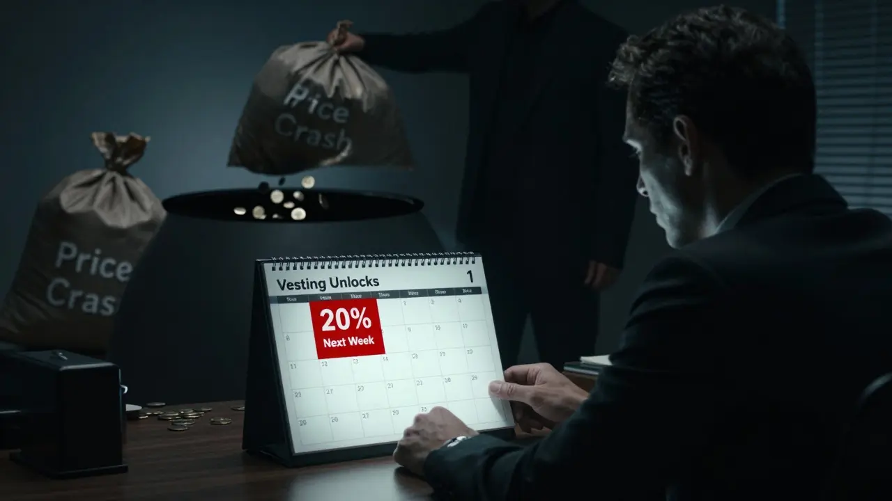 Investor studying a vesting calendar with a red unlock block, shadowy figure dumping coins into a price crash.