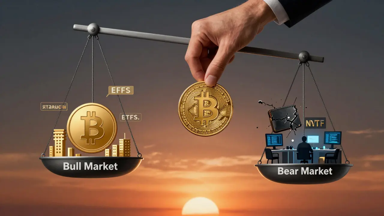Pendulum swinging between bull and bear markets, with infrastructure rising as bear market fades.