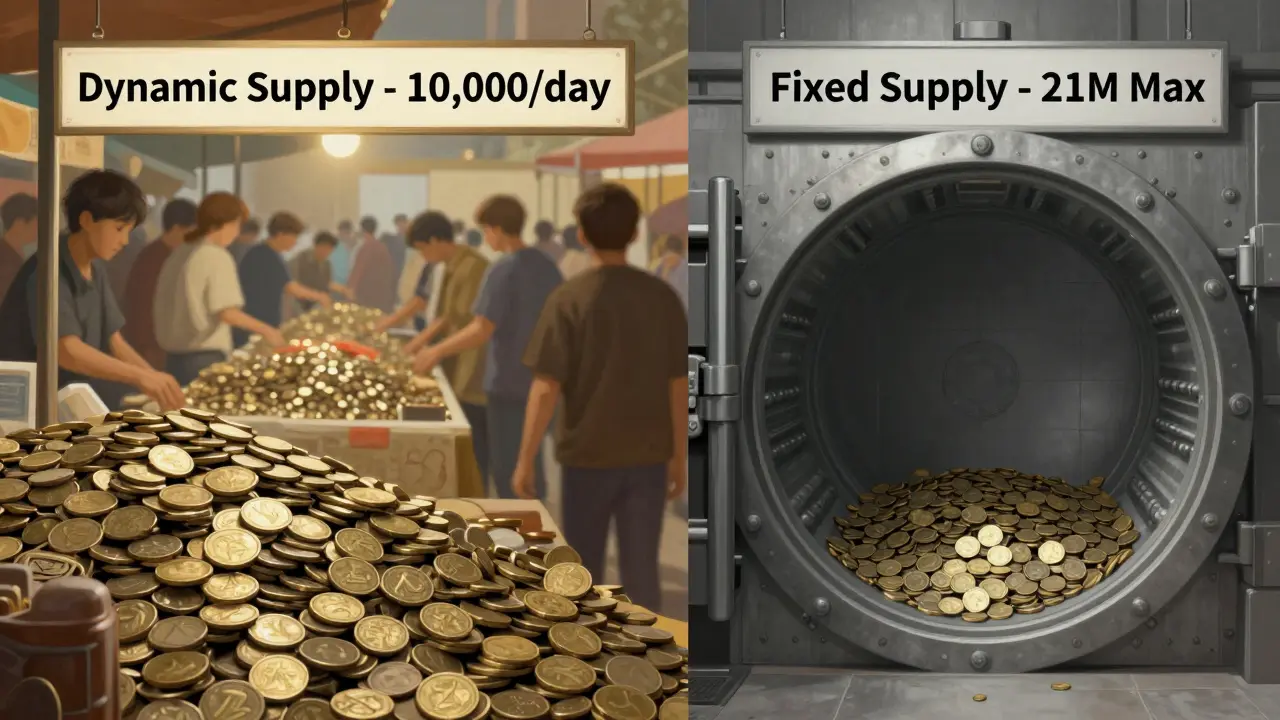 Split view: chaotic coin overflow versus orderly limited supply, symbolizing inflation vs. scarcity.