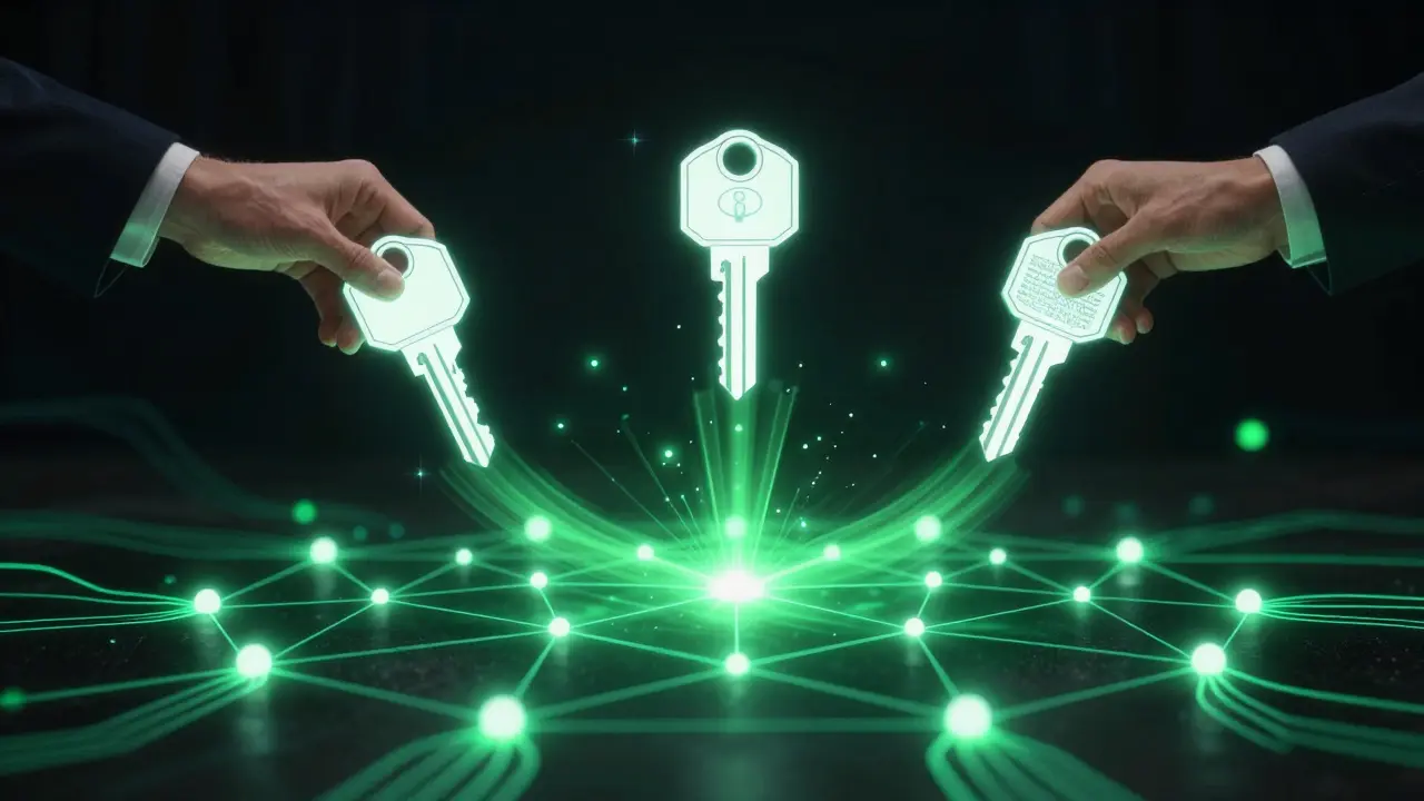 Three cryptographic keys aligning to unlock a blockchain transaction in a multi-signature wallet settlement.