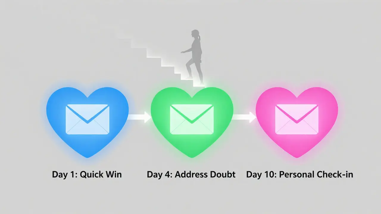 Three glowing email-shaped hearts labeled with key nurture sequence days, behind a silhouette climbing a staircase of progress.