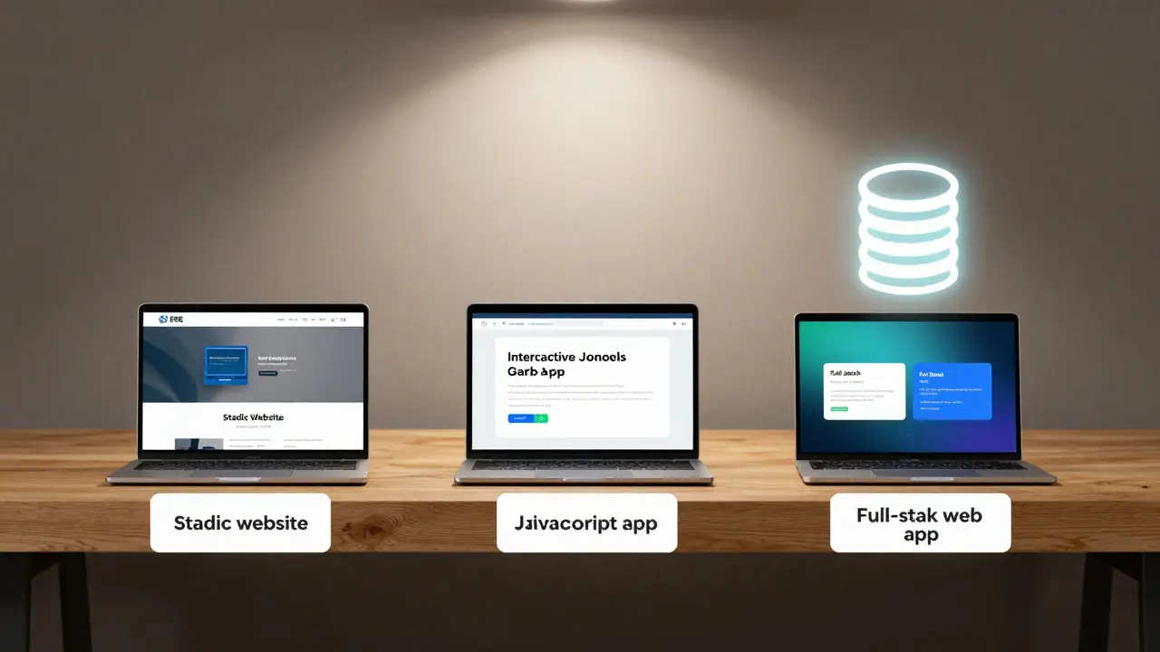 Three projects stacked on a shelf, showing progression from static site to full-stack app with glowing database icon.