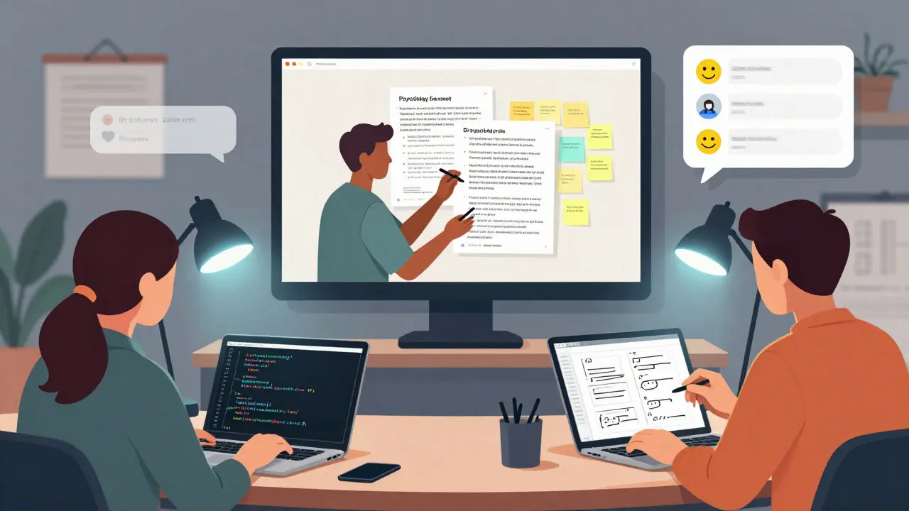 Three virtual breakout groups collaborating on coding, case study, and shared document during office hours.
