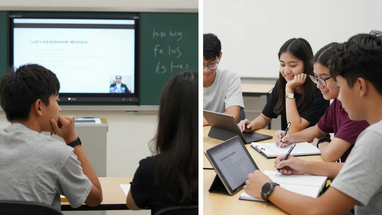 Two groups of students: one passively watching a long lecture, the other actively engaging with short interactive video lessons.
