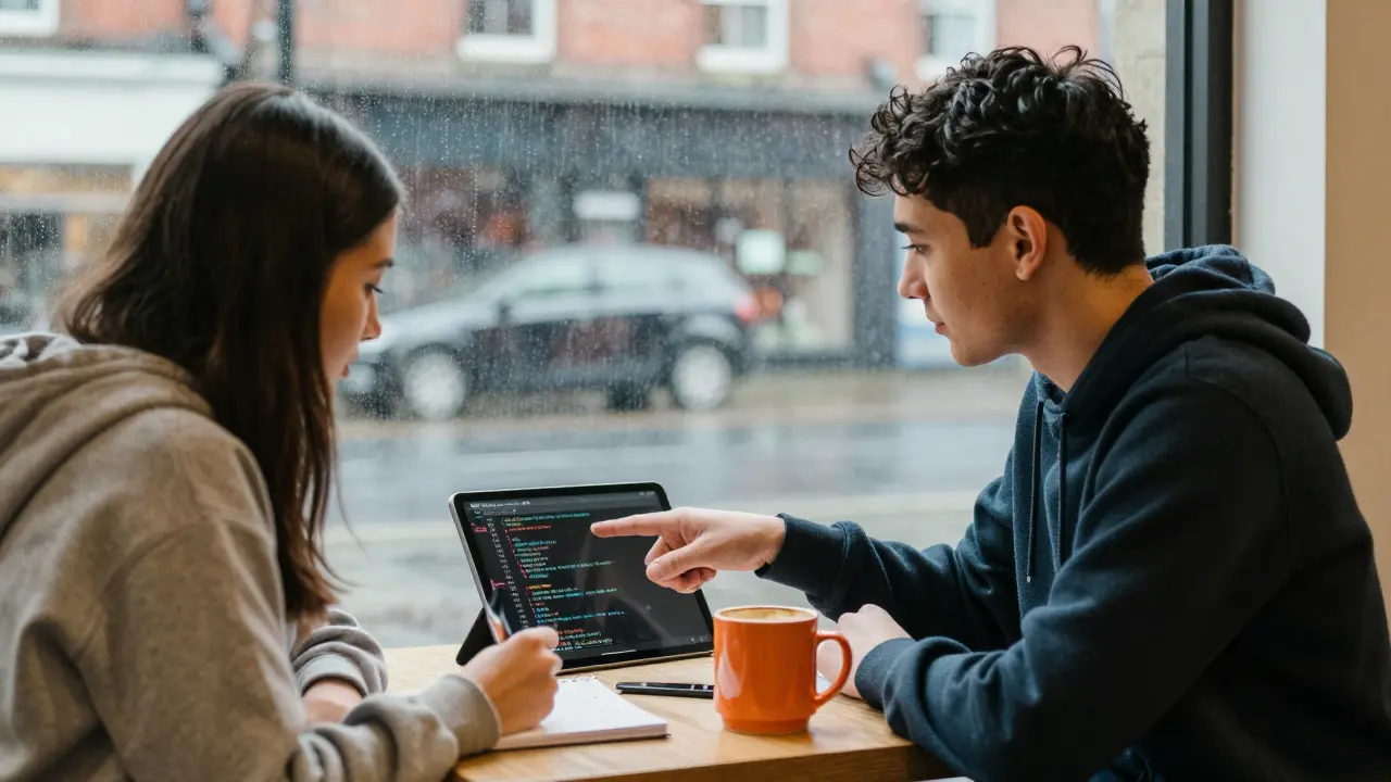 Two learners in a café working together on code, rain visible through the window.