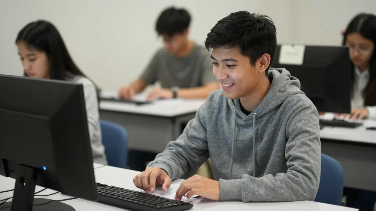 A blind student taking an exam with voice-to-text assistance in a quiet, supportive testing environment.