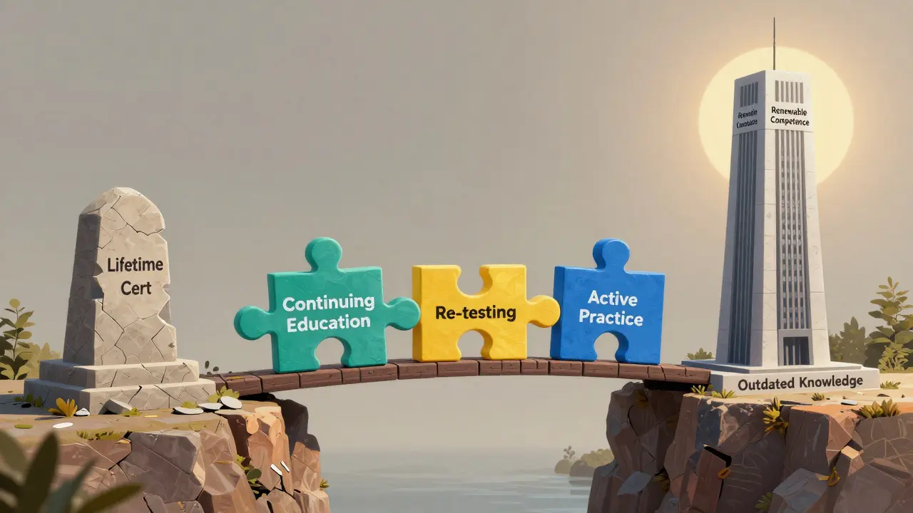 A bridge of renewal components spanning a chasm between outdated and modern professional credentials.