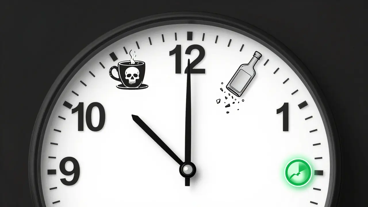 A clock at midnight with symbolic coffee, alcohol, and stop-loss icons in minimalist monochrome design.