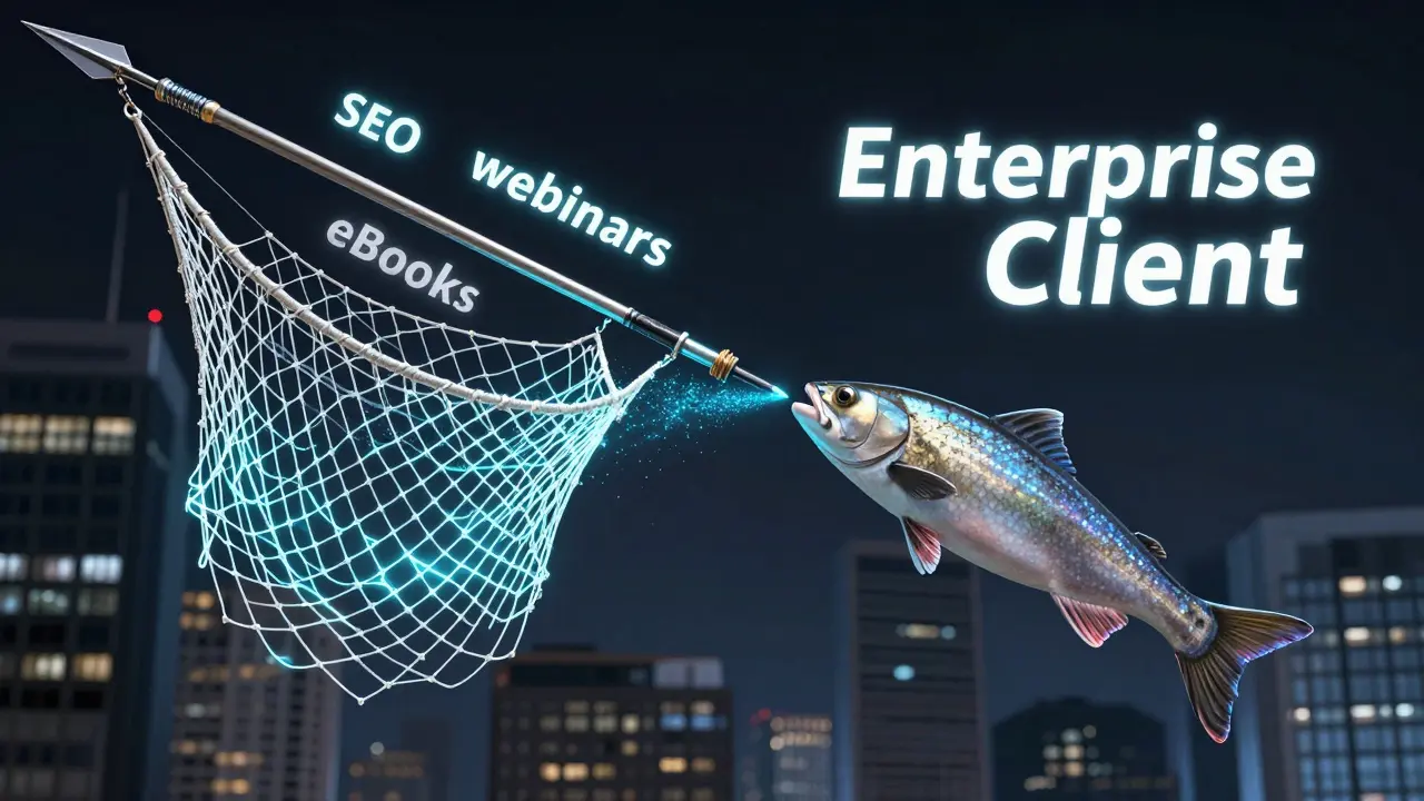 A fishing net made of digital marketing content catches generic leads, while a personalized spear targets one enterprise client.
