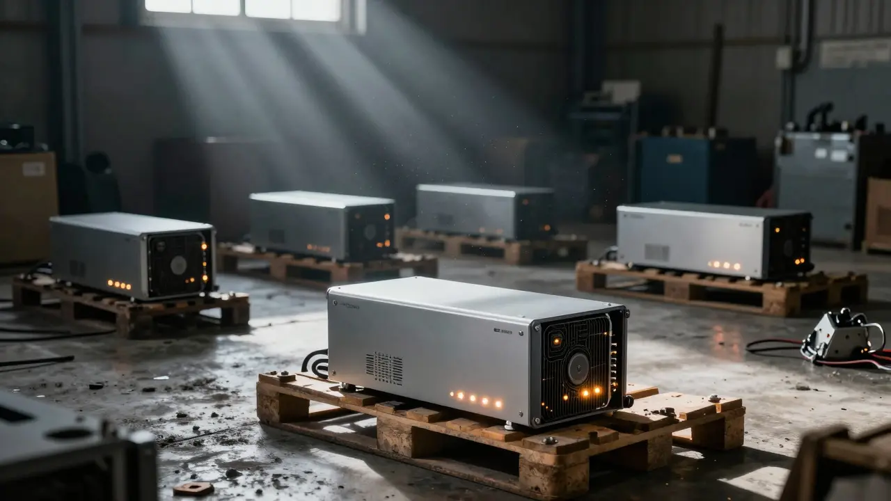 A functioning server tower standing next to a pile of scrap electronics debris