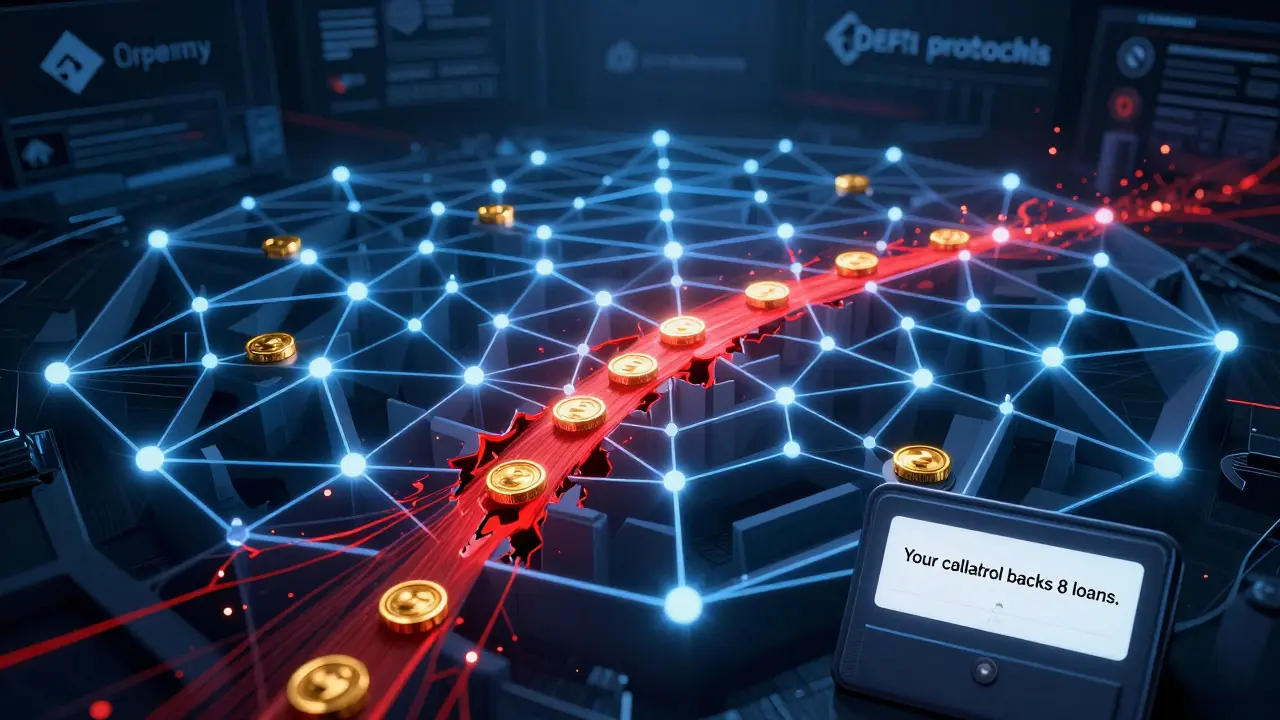 A glowing web of smart contracts failing as user collateral is overleveraged across multiple protocols.