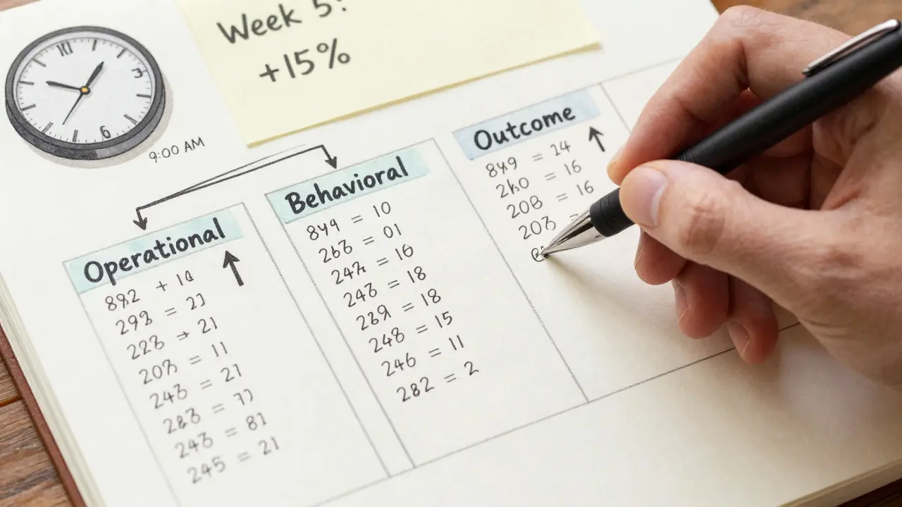 A handwritten dashboard with three data categories and upward-trending numbers on paper under morning light.
