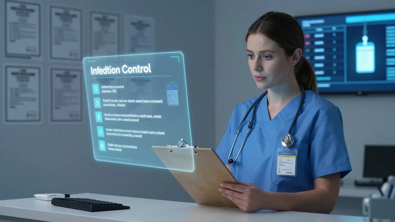A healthcare worker comparing a faded certification with updated holographic protocols in a clinic setting.