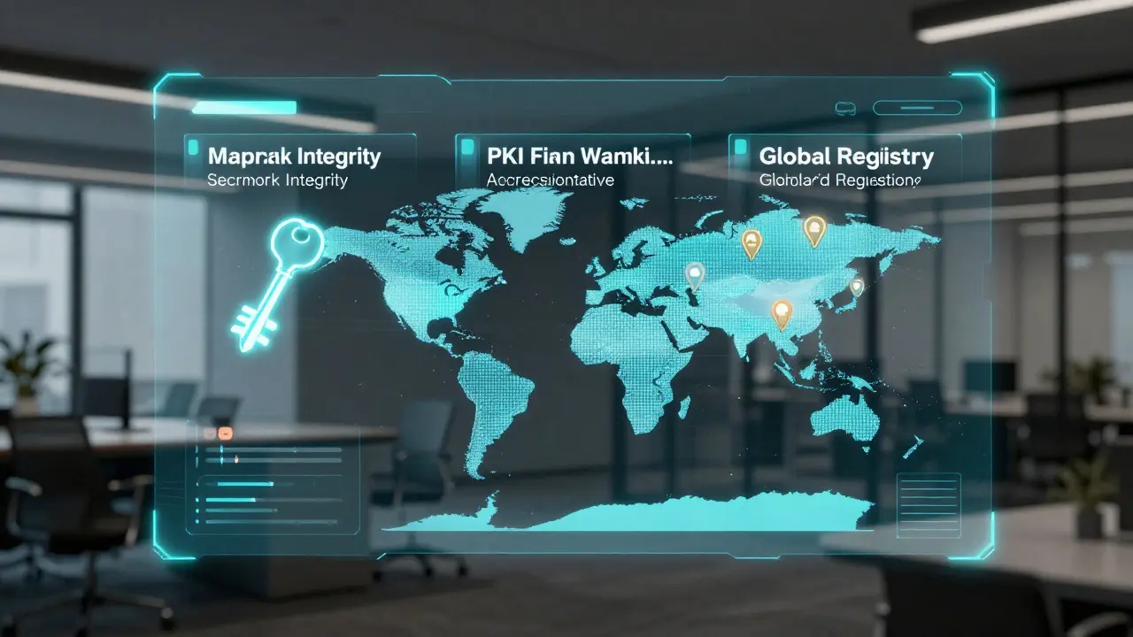 A holographic interface showing three-layered credential verification in real time.